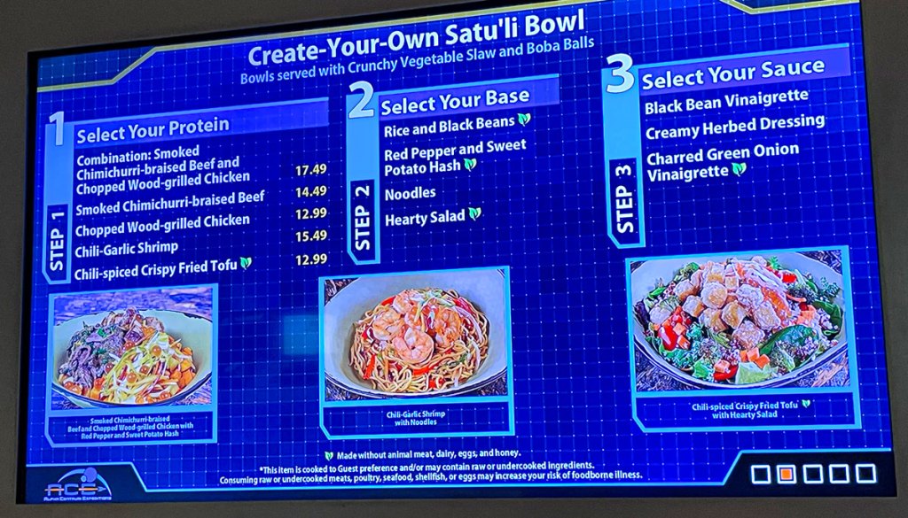 Satu'li Bowl options and prices, for Avatar food at Disney's Animal Kingdom.