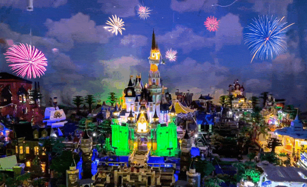 GIF of Lego Magic Kingdom fireworks turning real with Photoshop AI.