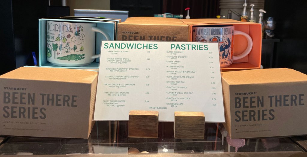 Menu and "Been There" series of mugs for sale.