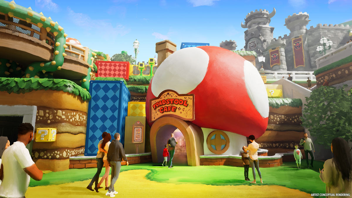 Toadstool Cafe eatery for Mario & Donkey Kong land at Epic Universe.