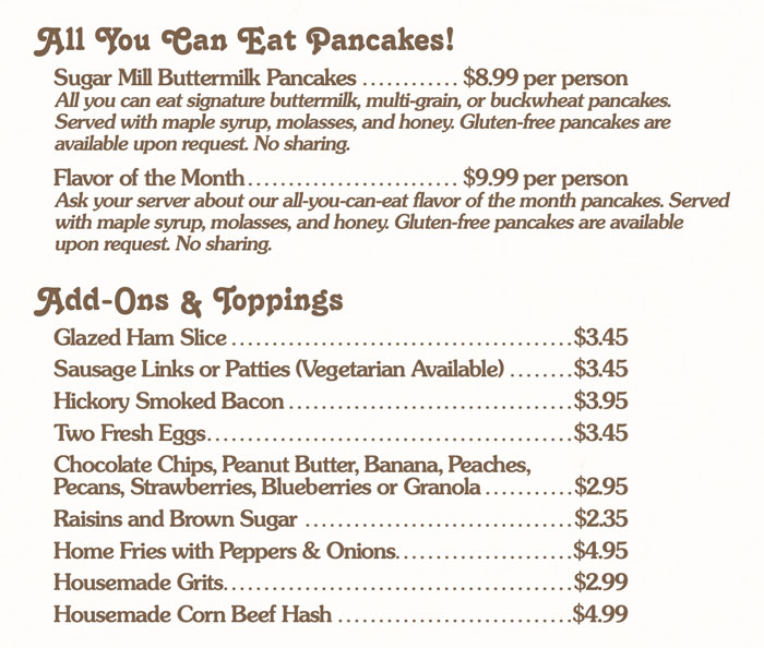 Old Sugar Mill Pancake House Menu
